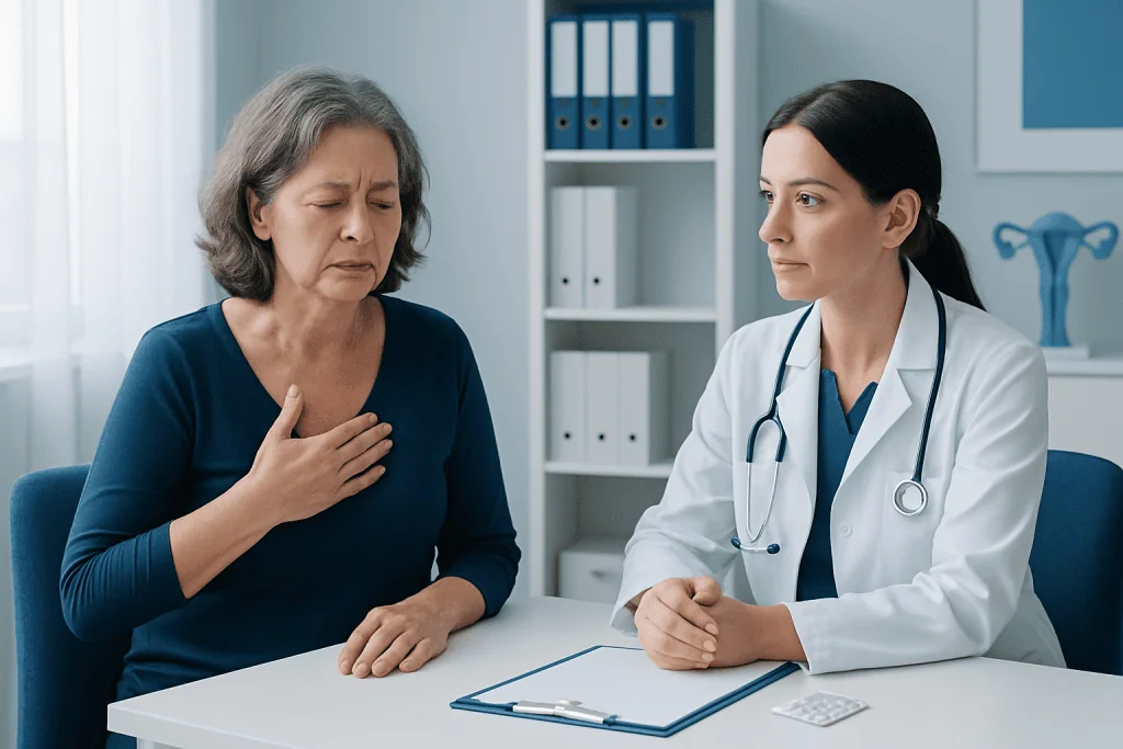 Doctor consulting with middle-aged woman about health concerns in a medical office.