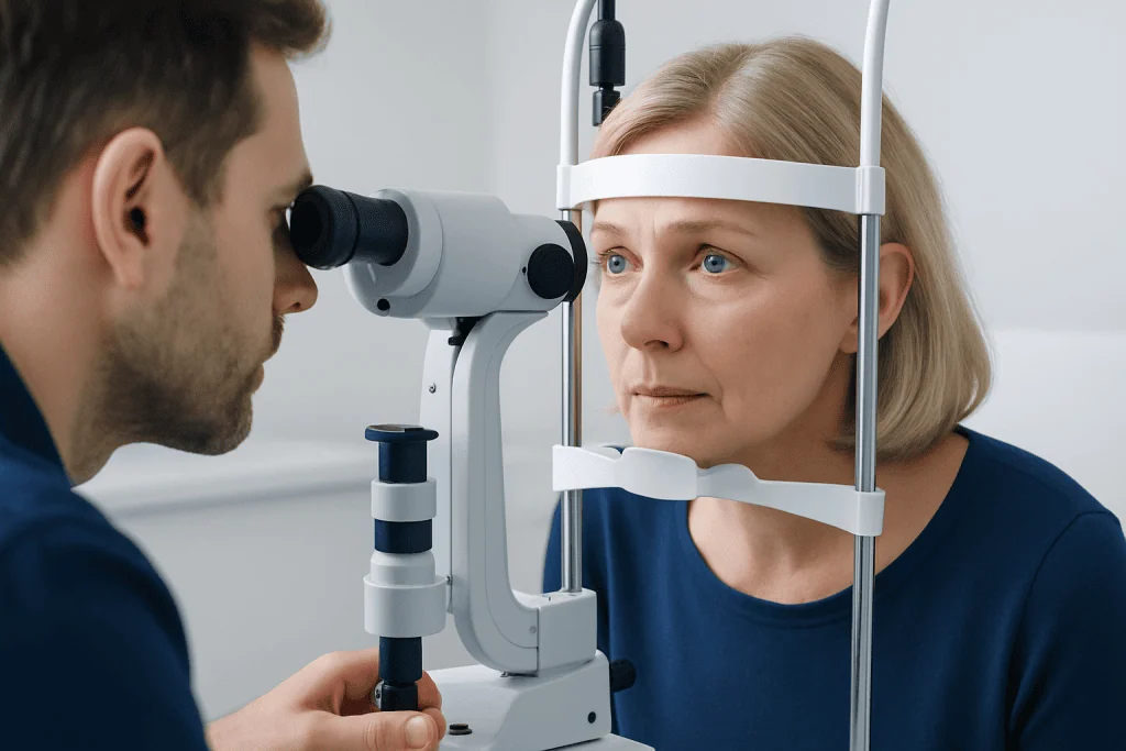 Optometrist examining a woman's eyes with a slit lamp in a clinic setting.