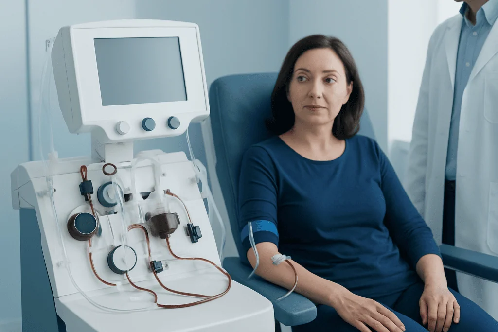 Woman receiving dialysis treatment in a medical clinic.