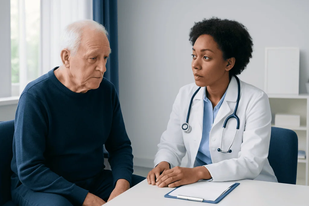 Doctor consulting elderly patient about memory issues in a clinical setting.