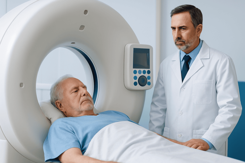 Doctor consulting elderly patient before a brain scan at Acibadem Hospital.