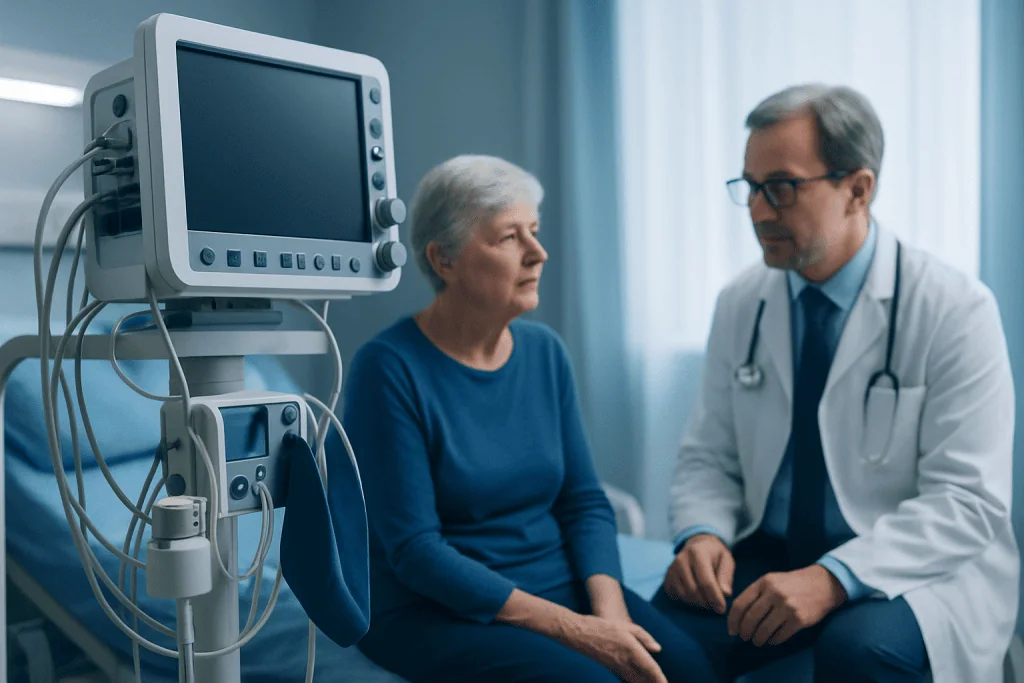 Doctor consulting elderly patient in a hospital room with medical equipment nearby.