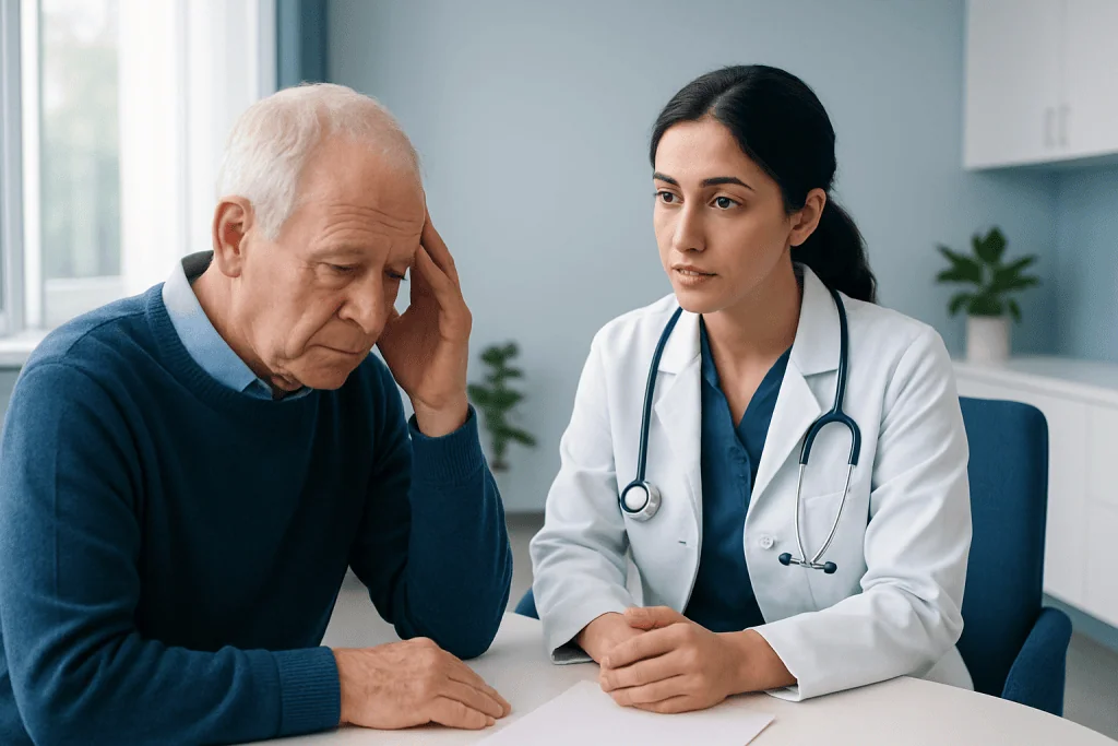 Doctor consulting elderly patient about dementia diagnosis and treatment options.