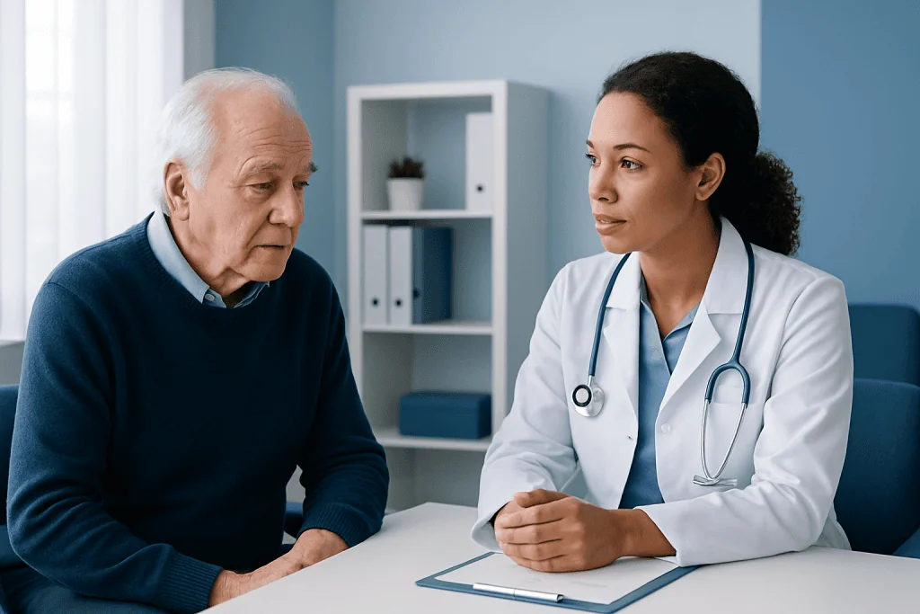 Doctor consulting an elderly patient about memory issues in a clinical setting.