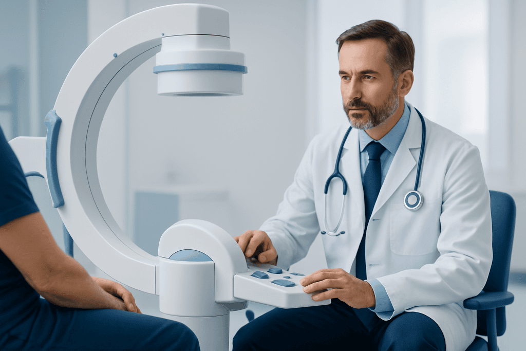 Orthopedic doctor performing MRI scan on patient in hospital.