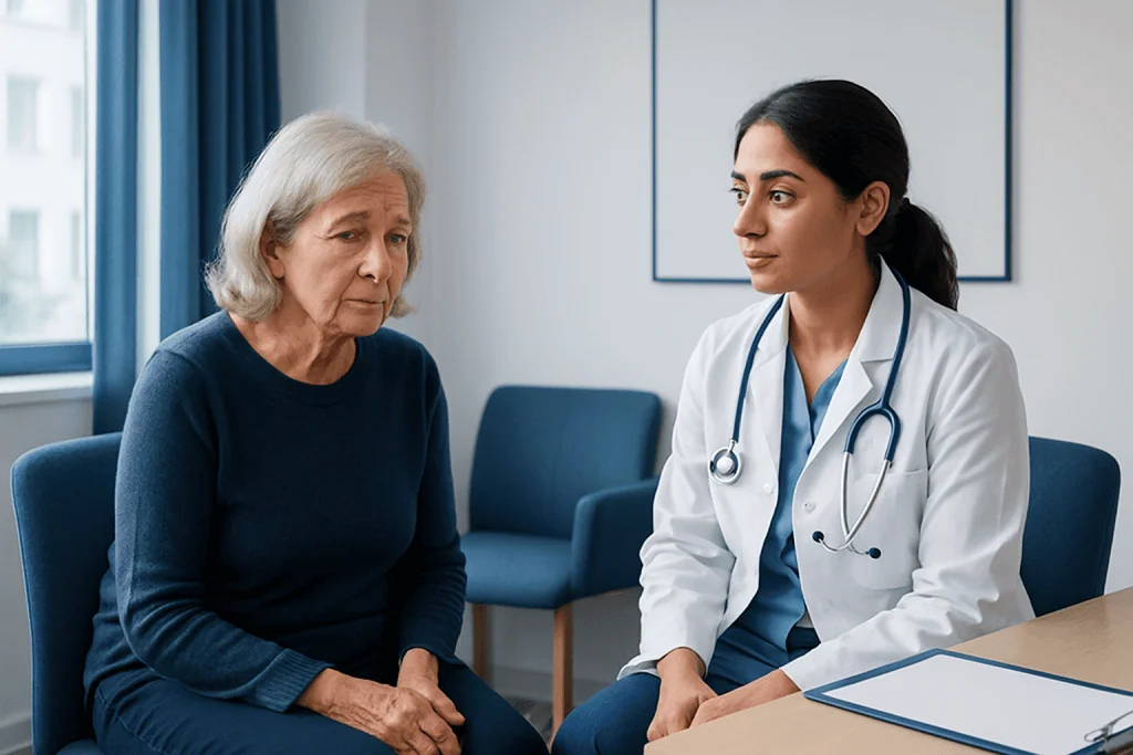 Doctor consulting with elderly woman in a medical office setting.