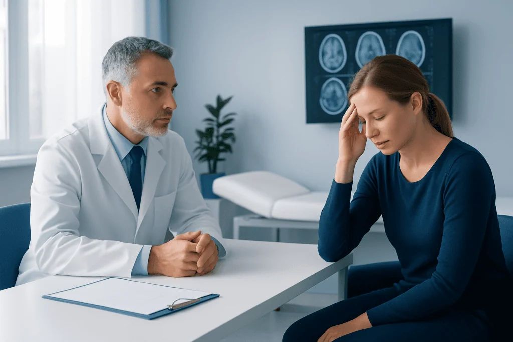 Doctor consulting with a woman experiencing headache in a medical office.