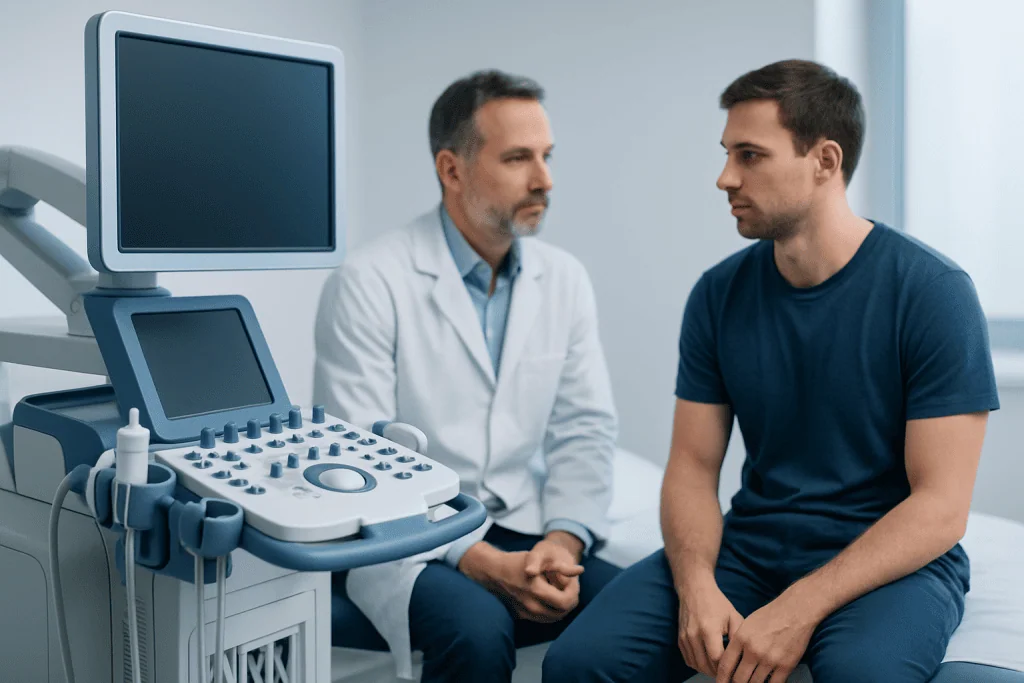 Doctor consulting with young male patient in medical examination room.