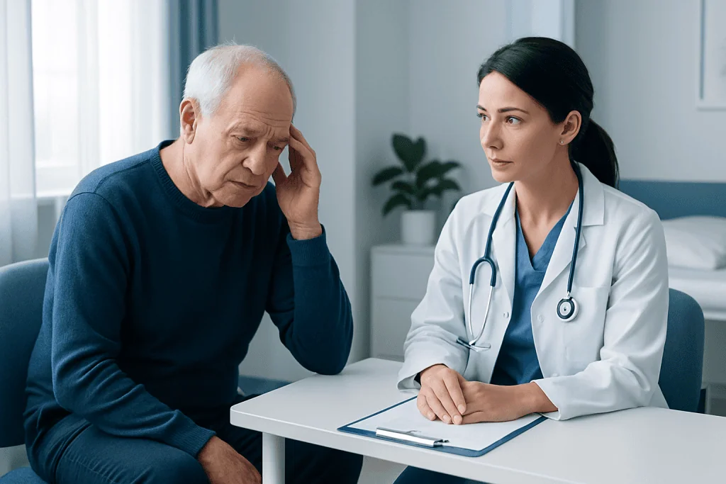 Older man consulting with a doctor about memory issues in a clinical setting.