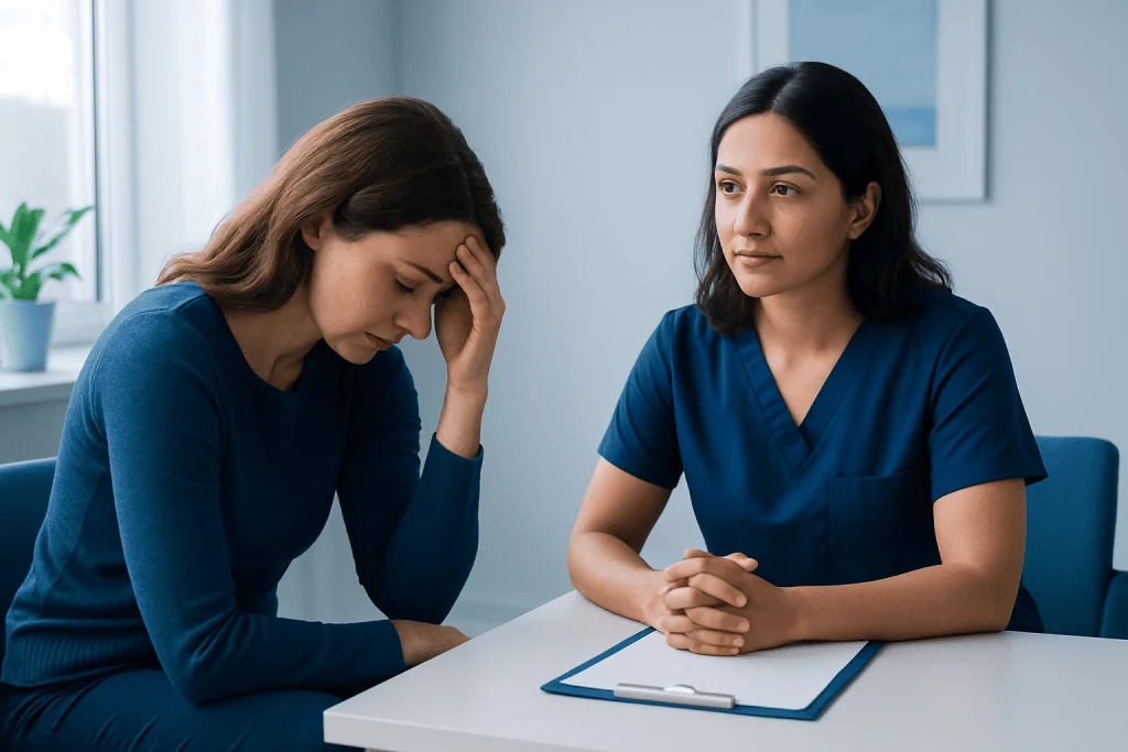 Therapist listening to a patient with a mental health concern in a consultation room.