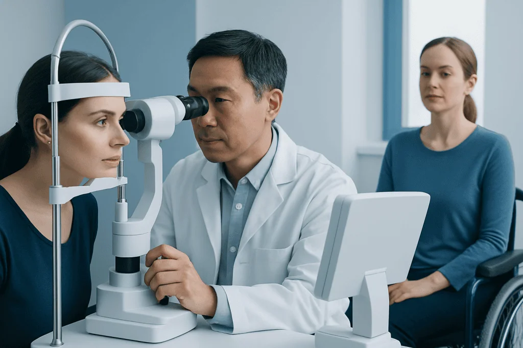 Ophthalmologist examining a patient's eyes with a slit lamp in a clinical setting.