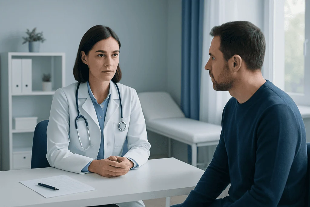 Doctor consulting with a patient in a medical office.