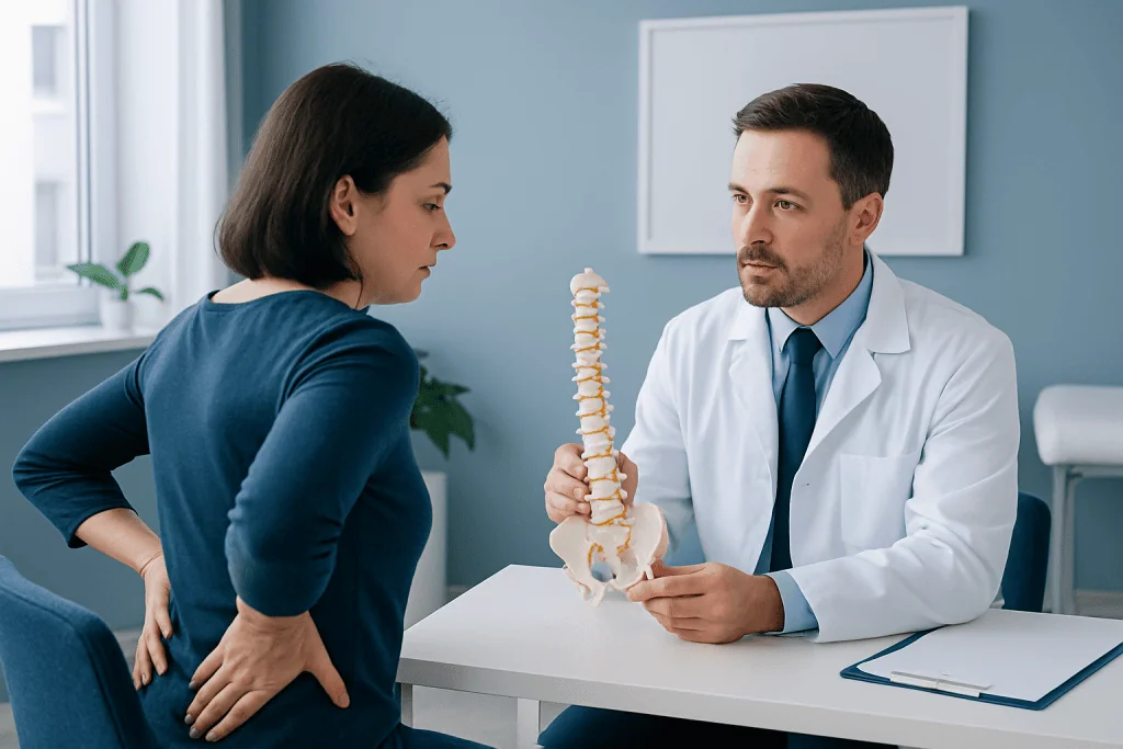 Doctor explaining spinal disc issues to a patient in a clinic setting.