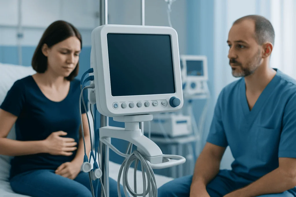 Doctor and patient in a medical consultation with monitoring equipment.