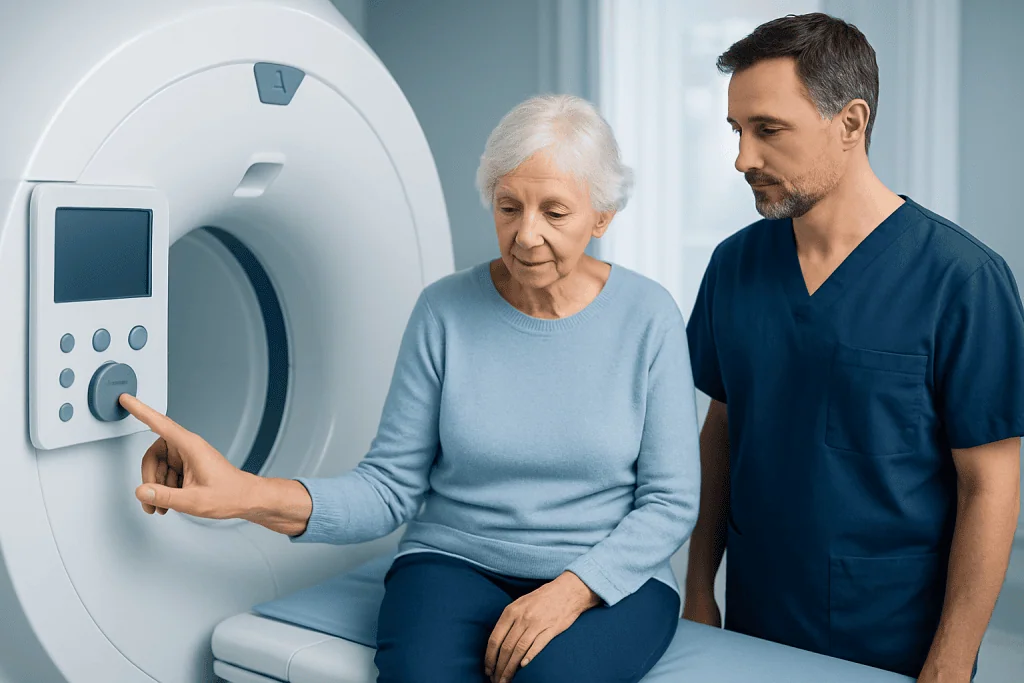 Elderly woman undergoing MRI scan with healthcare professional present.