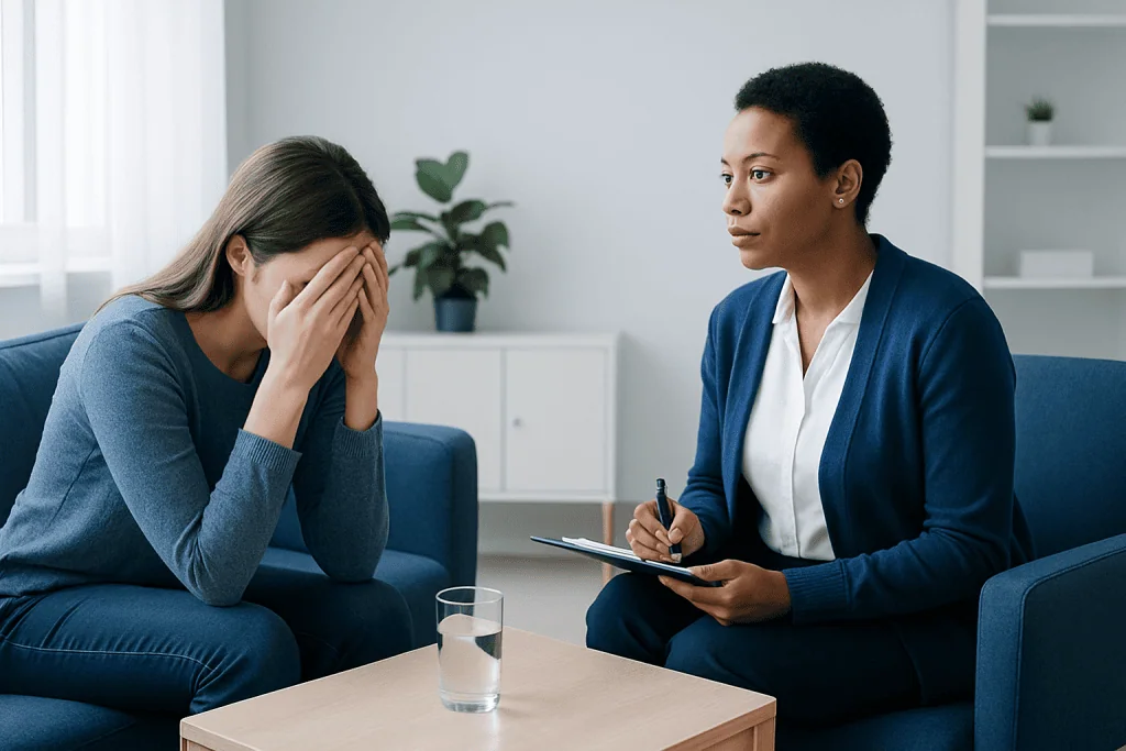 Therapist listening to a patient with mental health concerns in a counseling session.