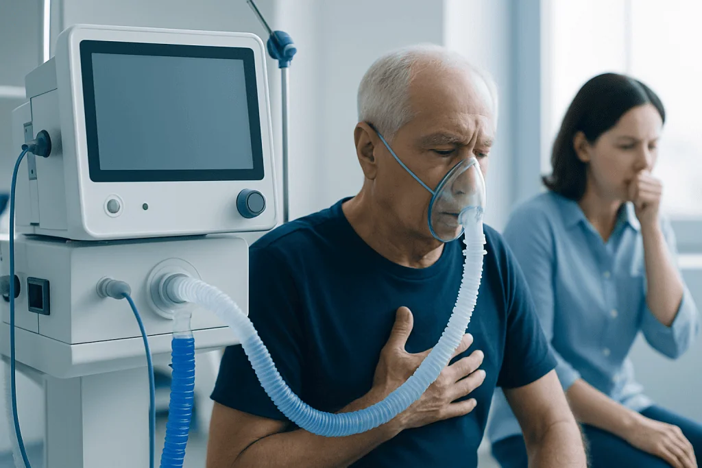 Elderly man using oxygen therapy in a hospital setting.