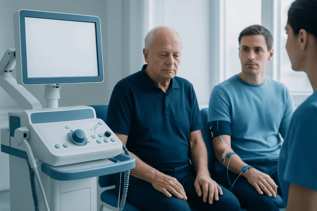 Doctor performing an ultrasound exam on an elderly patient in a clinical setting.