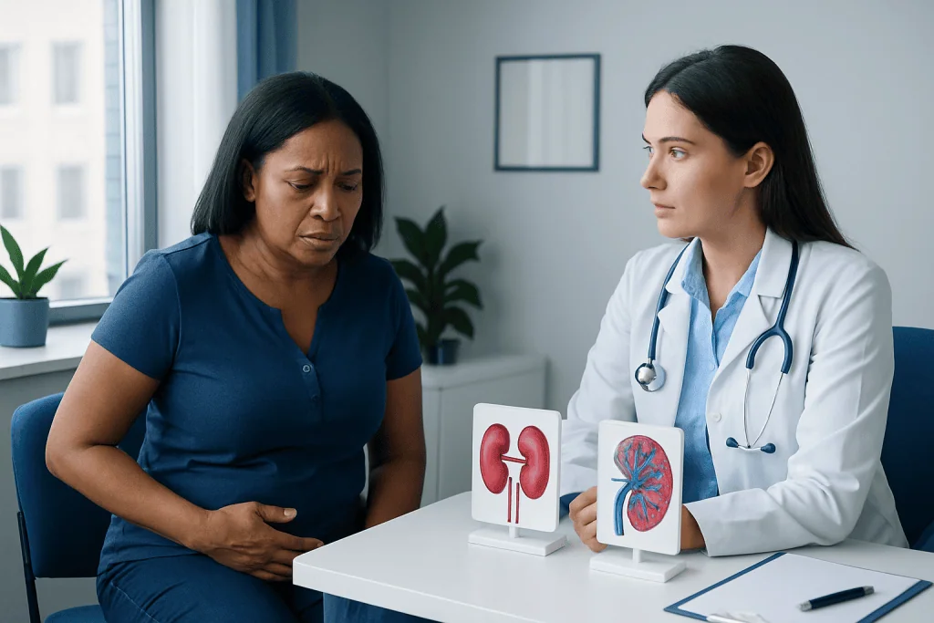 Doctor explaining kidney health to patient with kidney models present.