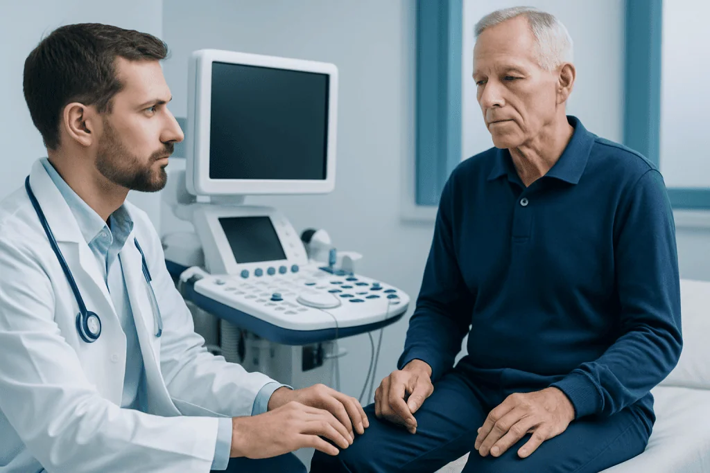 Doctor consulting with an elderly patient about movement disorder symptoms.