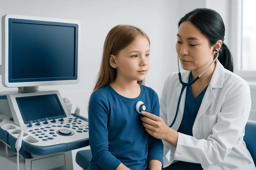Pediatric cardiologist examining a young girl with stethoscope in clinic.