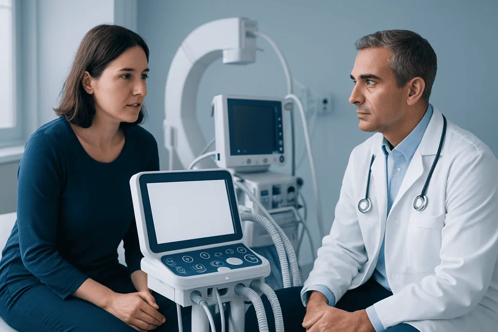 Doctor and patient discussing lung health in a medical clinic.