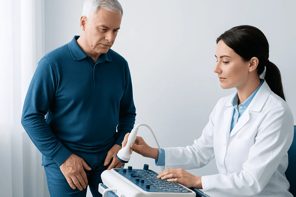 Urologist performing prostate ultrasound on male patient in clinic.