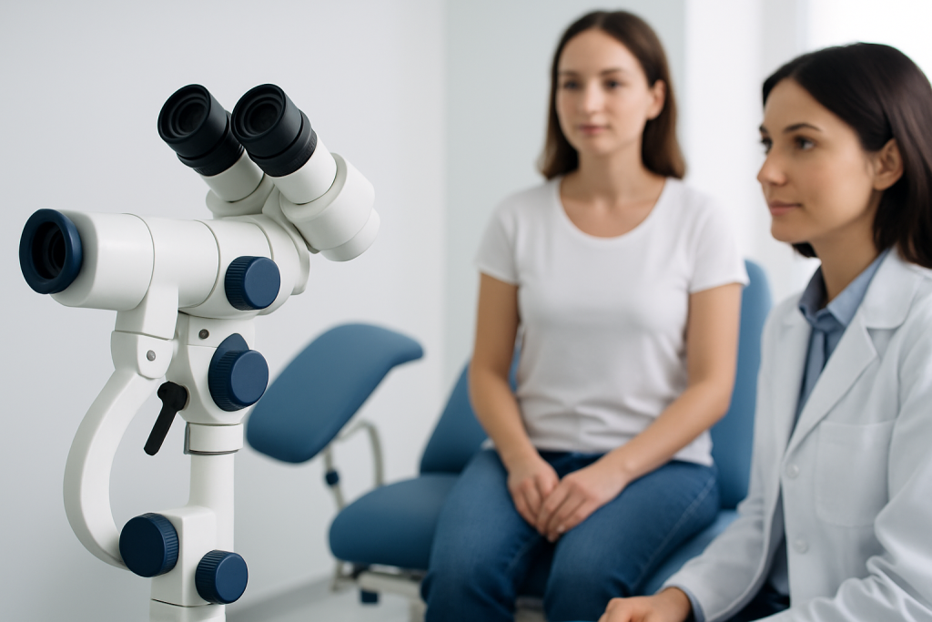 Gynecologist and patient in a medical consultation room with a microscope.
