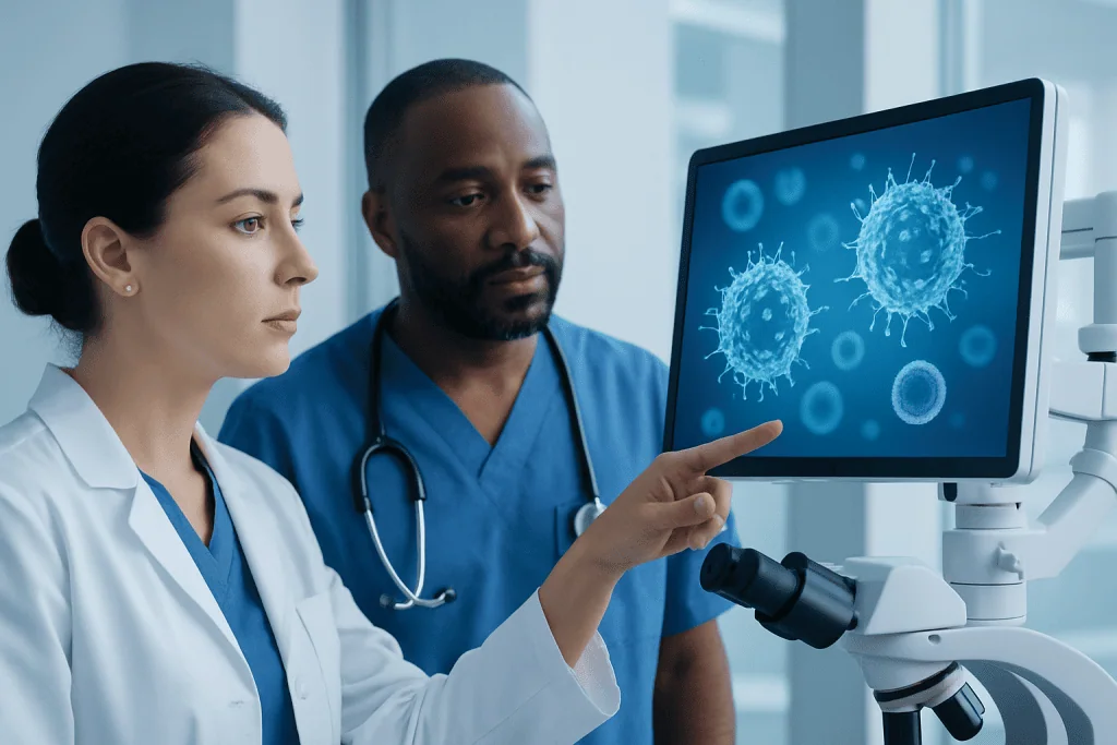 Medical professionals analyzing immune cells on a computer screen.