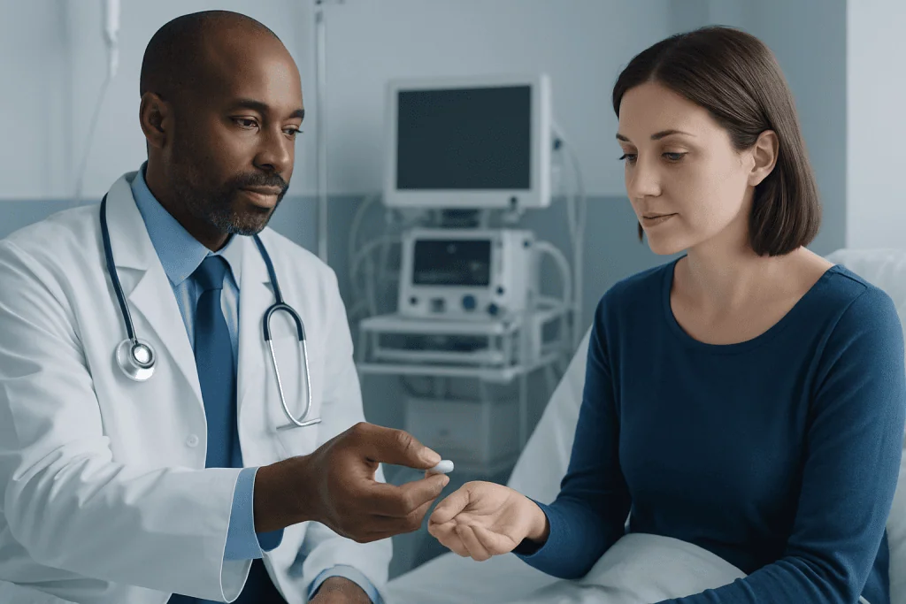 Doctor handing medication to patient in hospital setting.