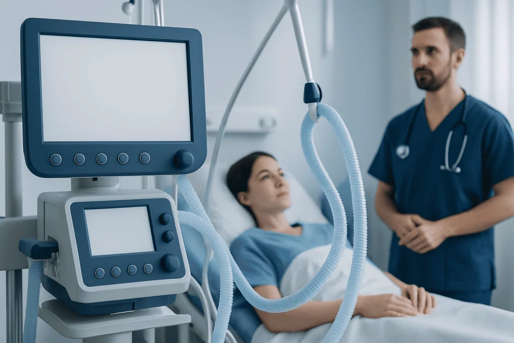 Hospital patient in bed with medical ventilator and healthcare professional nearby.