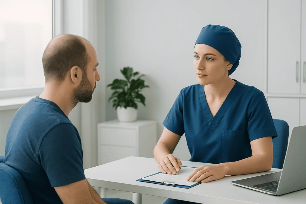 Doctor consulting with patient about hair transplant procedure in clinic.