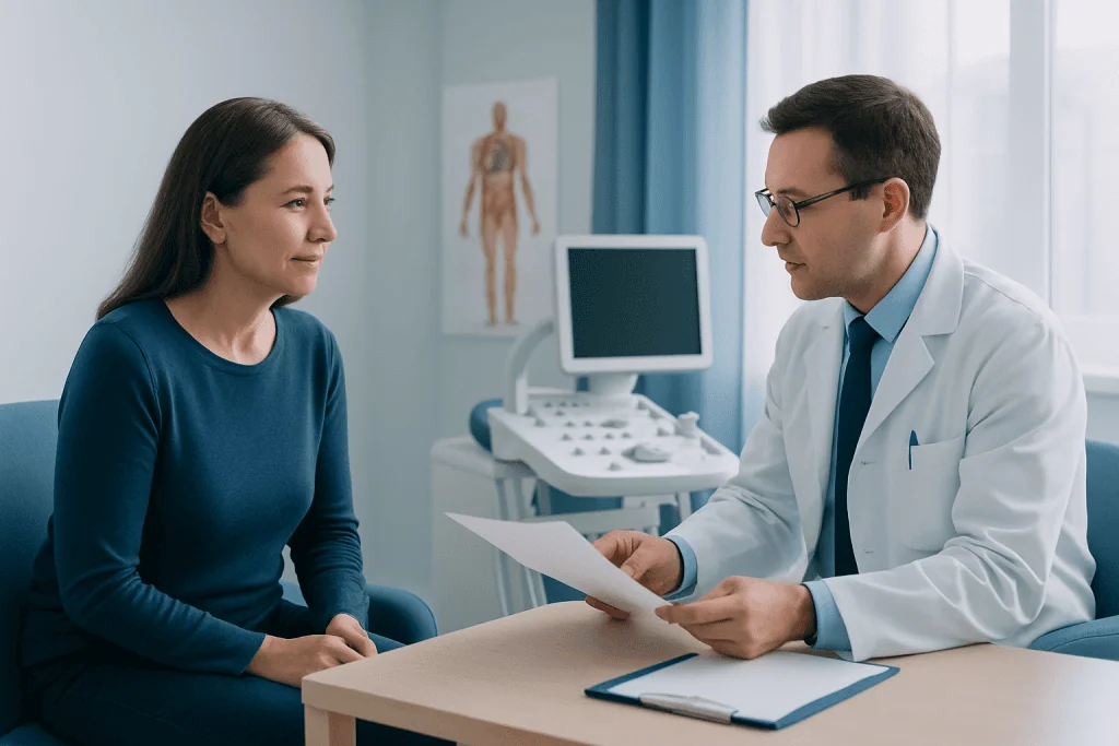 Doctor consulting with a female patient in a medical office setting.