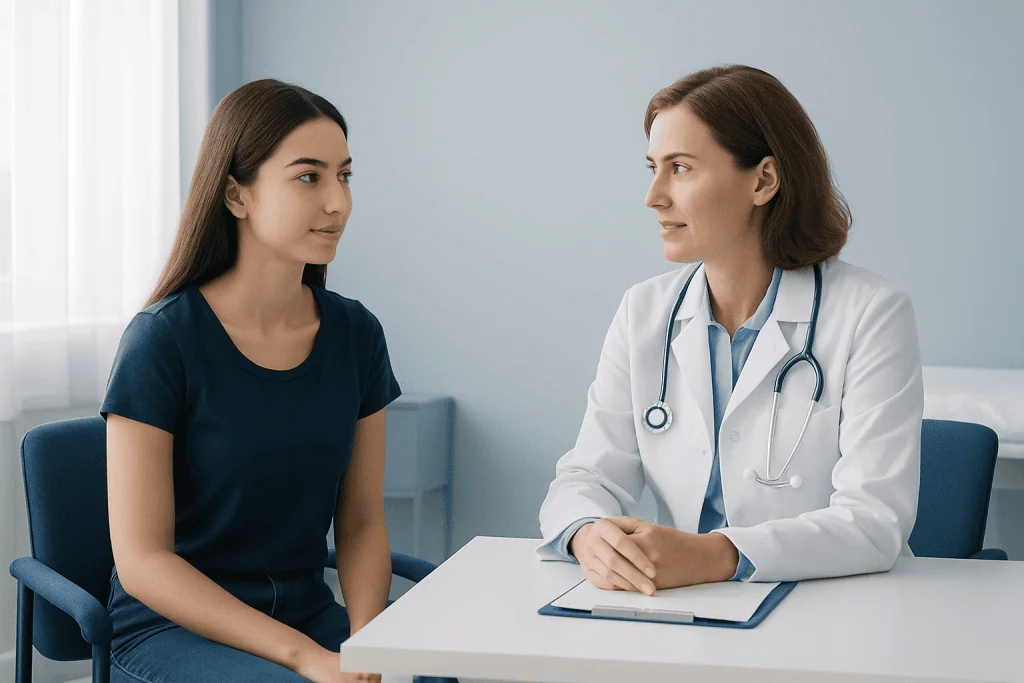 Female doctor consulting with young woman in a medical office.