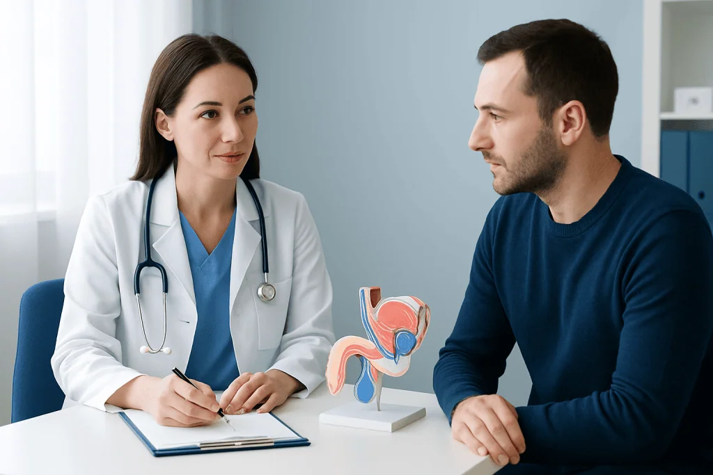 Urologist explaining male reproductive system to patient in clinic.