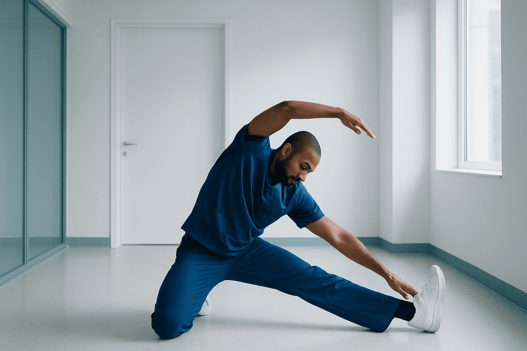 Testicular Cancer Treatment in Turkey: Radiation Therapy and Imaging Technologies 1 Male patient stretching in a bright, modern medical facility.