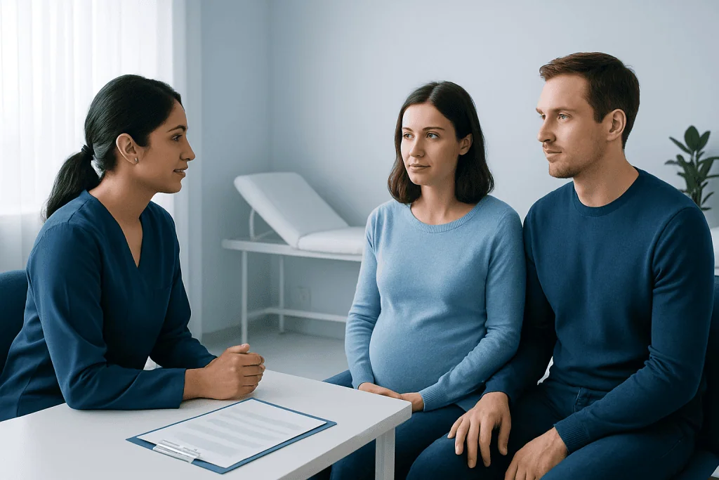 Fertility consultation with a doctor and a couple in a clinic setting.