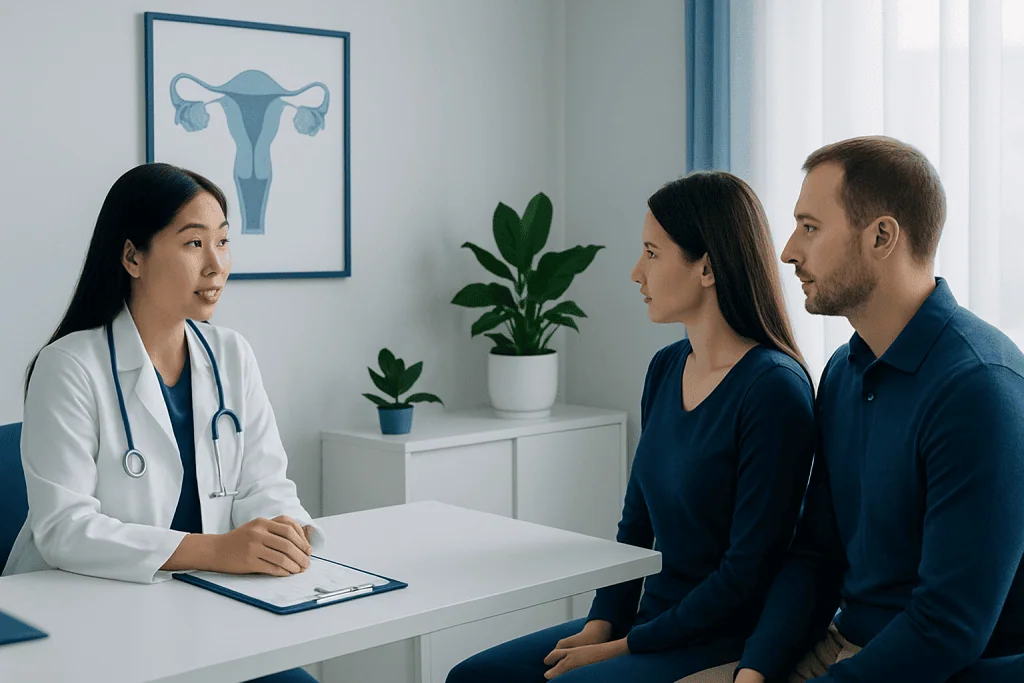 Doctor consulting with a couple about fertility options at Acibadem Hospitals.