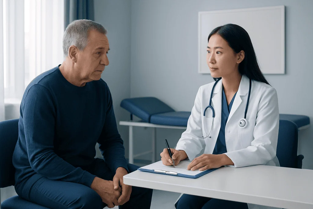 Doctor consulting with an elderly male patient in a hospital room.