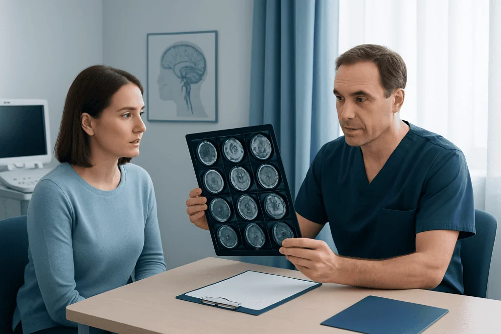 Doctor explaining brain scan results to a patient in a medical office.