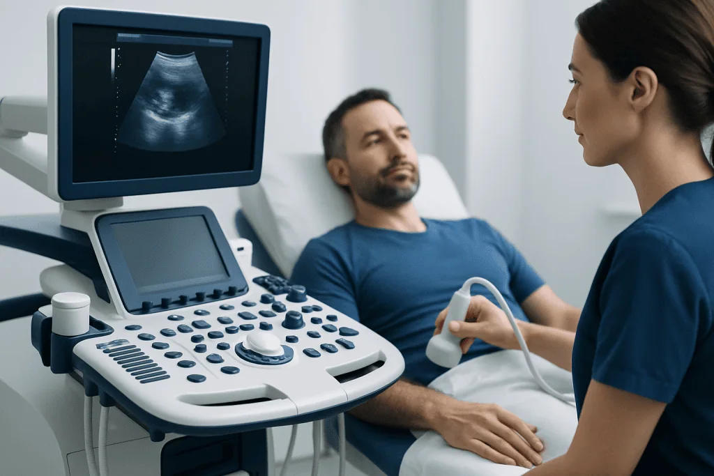 Medical professional performing an ultrasound on a male patient in a hospital room.