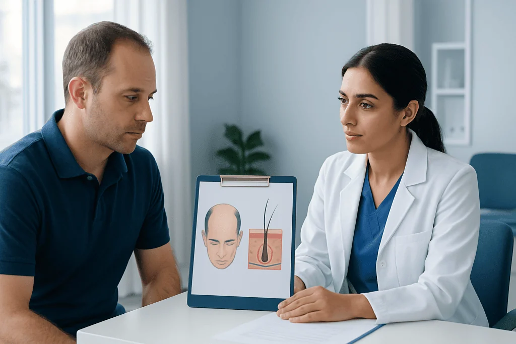 Doctor explains hair transplant process to patient with diagram.