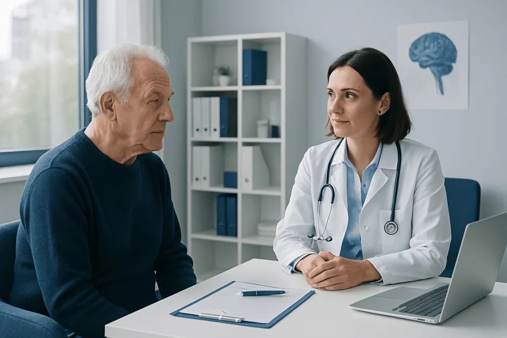 Doctor consulting with elderly patient in a medical office setting.