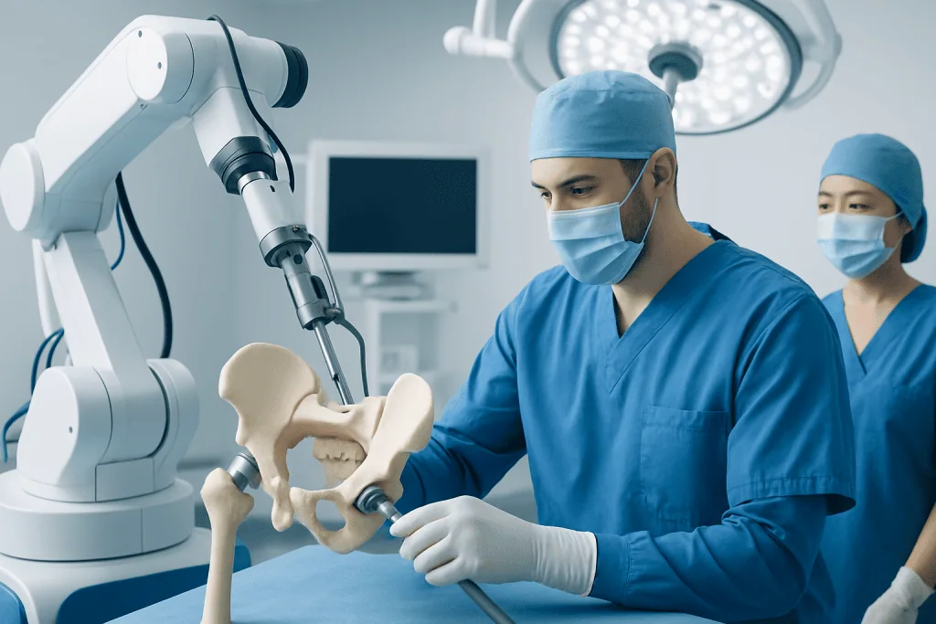 Surgeons using robotic technology for hip replacement surgery at Acibadem Hospital.