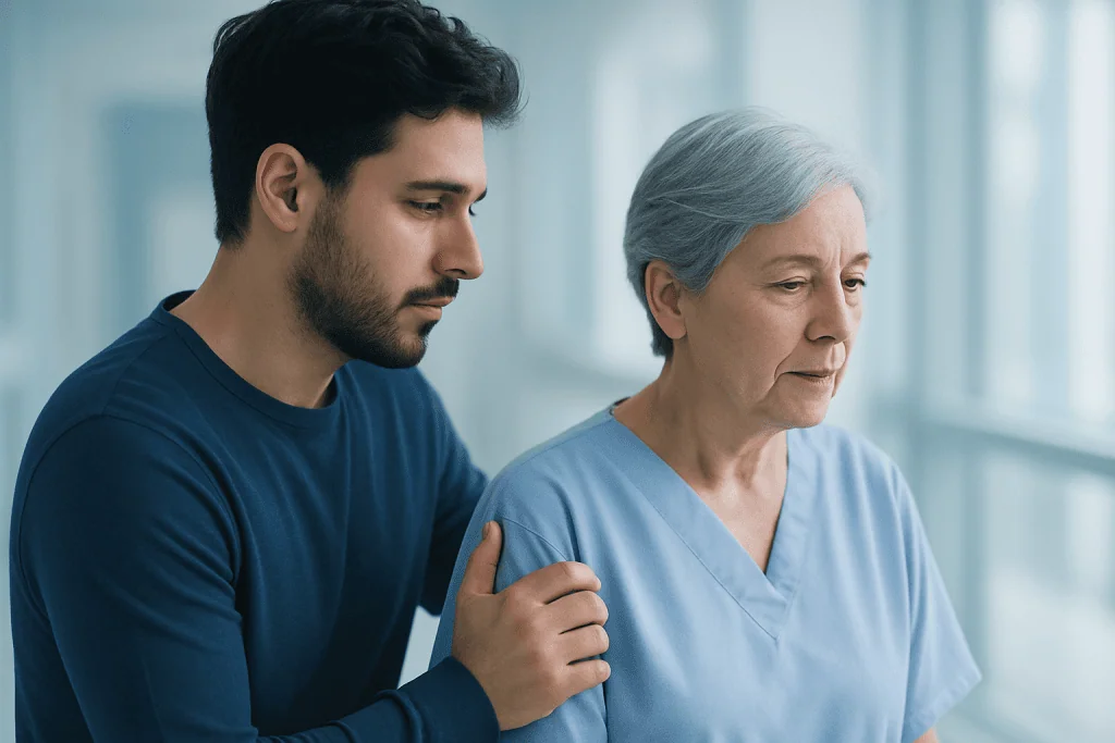 The 333 Rule for Anxiety, Plus Other Coping Methods and When to Seek Treatment 1 Compassionate young man supporting elderly woman in healthcare setting.