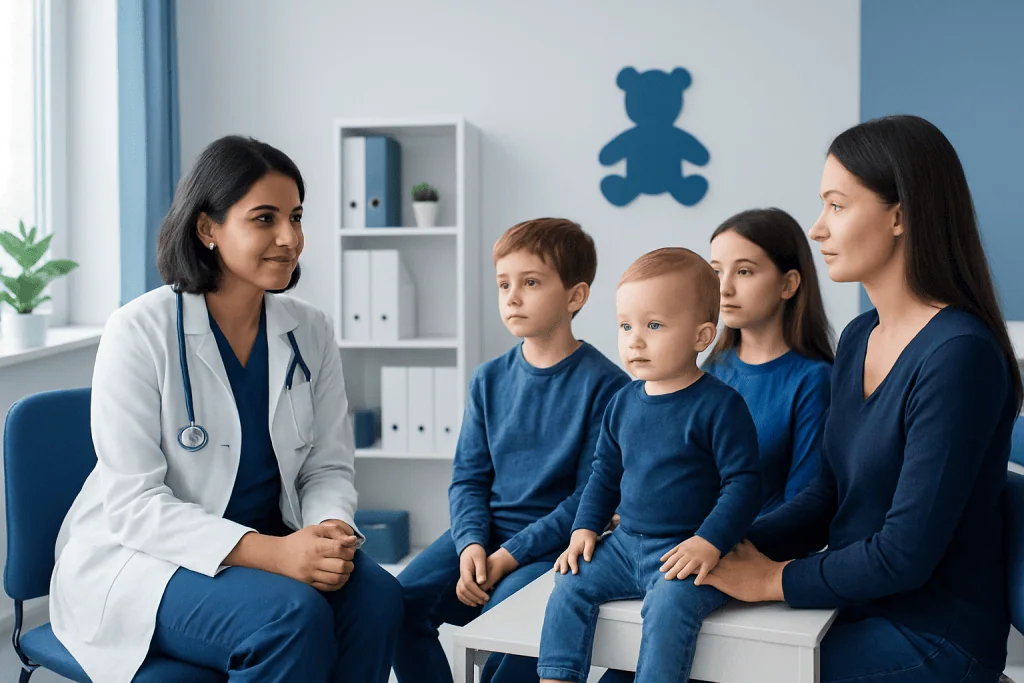 Pediatrician consulting with mother and children in a clinic setting.