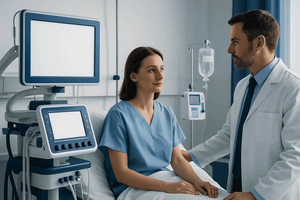 Doctor and patient in hospital room with medical equipment.