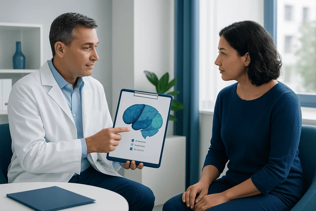 Doctor explaining brain anatomy to a patient with a tablet showing a brain diagram.