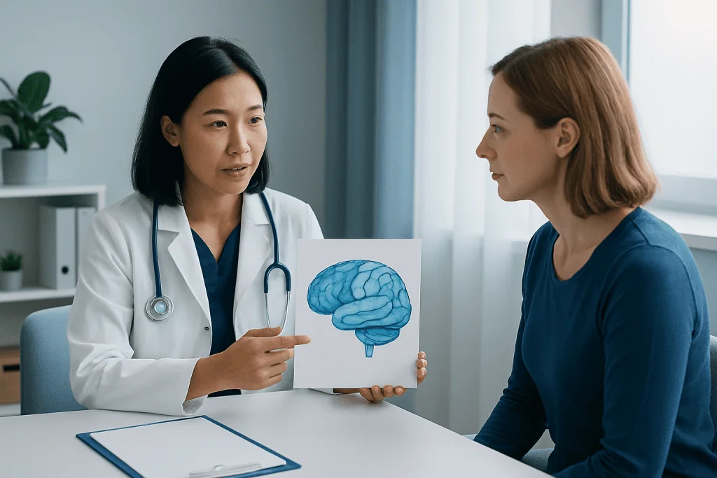 Doctor explaining brain diagram to patient in consultation room.