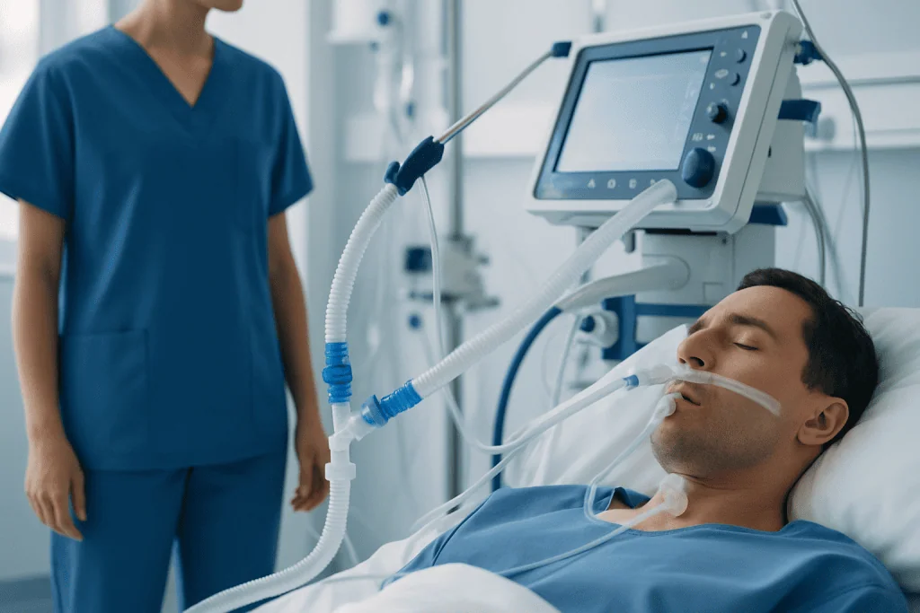 Patient in ICU after heart bypass surgery with ventilator and monitors.